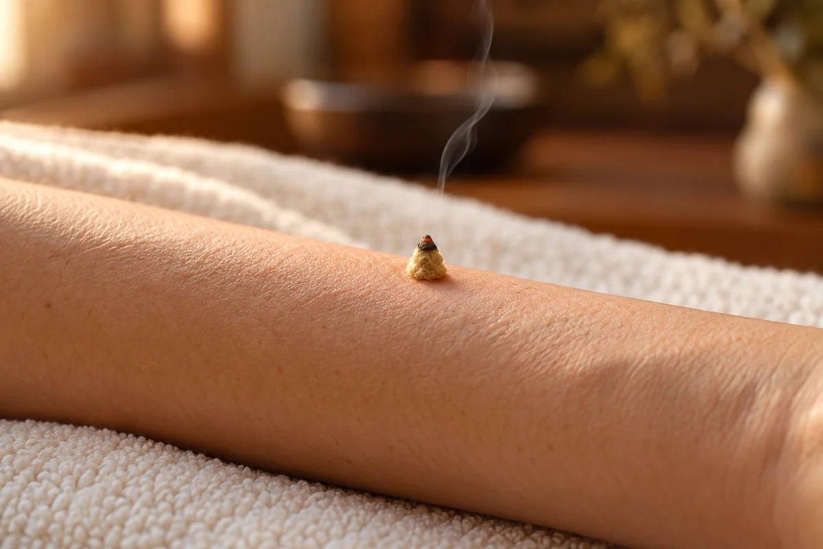 Illustration of a small moxa cone placed directly on skin